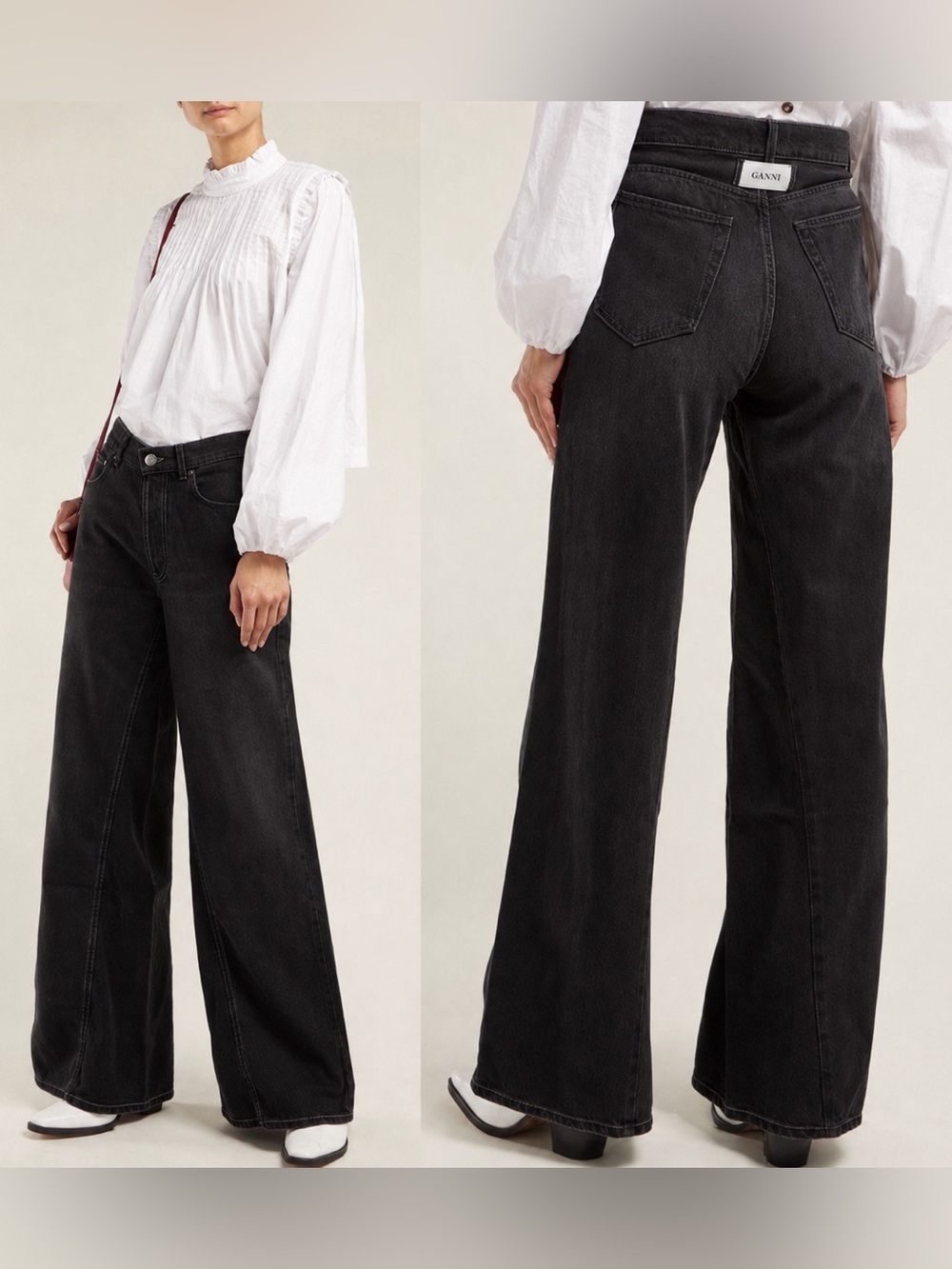 GANNI Faded Black Wide Leg Jeans High Rise Flare Denim Size 28